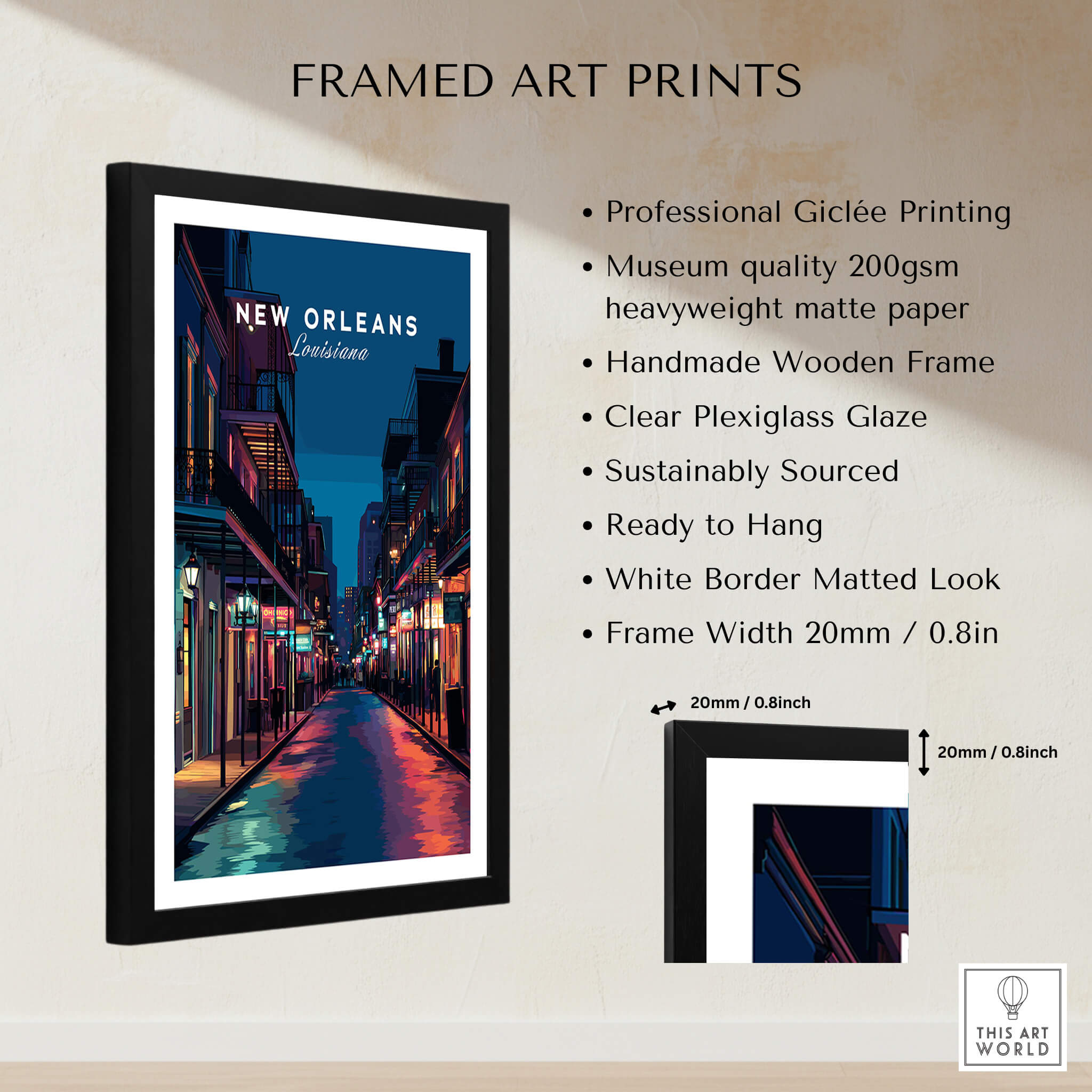 New Orleans Travel Poster | Bourbon Street Night Wall Art Print framed art with vibrant colors and clear plexiglass.