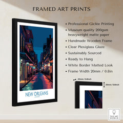 New Orleans Canvas Print | French Quarter Cityscape Poster in a black frame with clear plexiglass.
