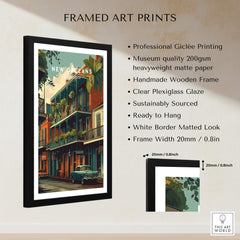 New Orleans Wall Art Print | French Quarter Balcony Travel Poster in a framed design with a vintage aesthetic.