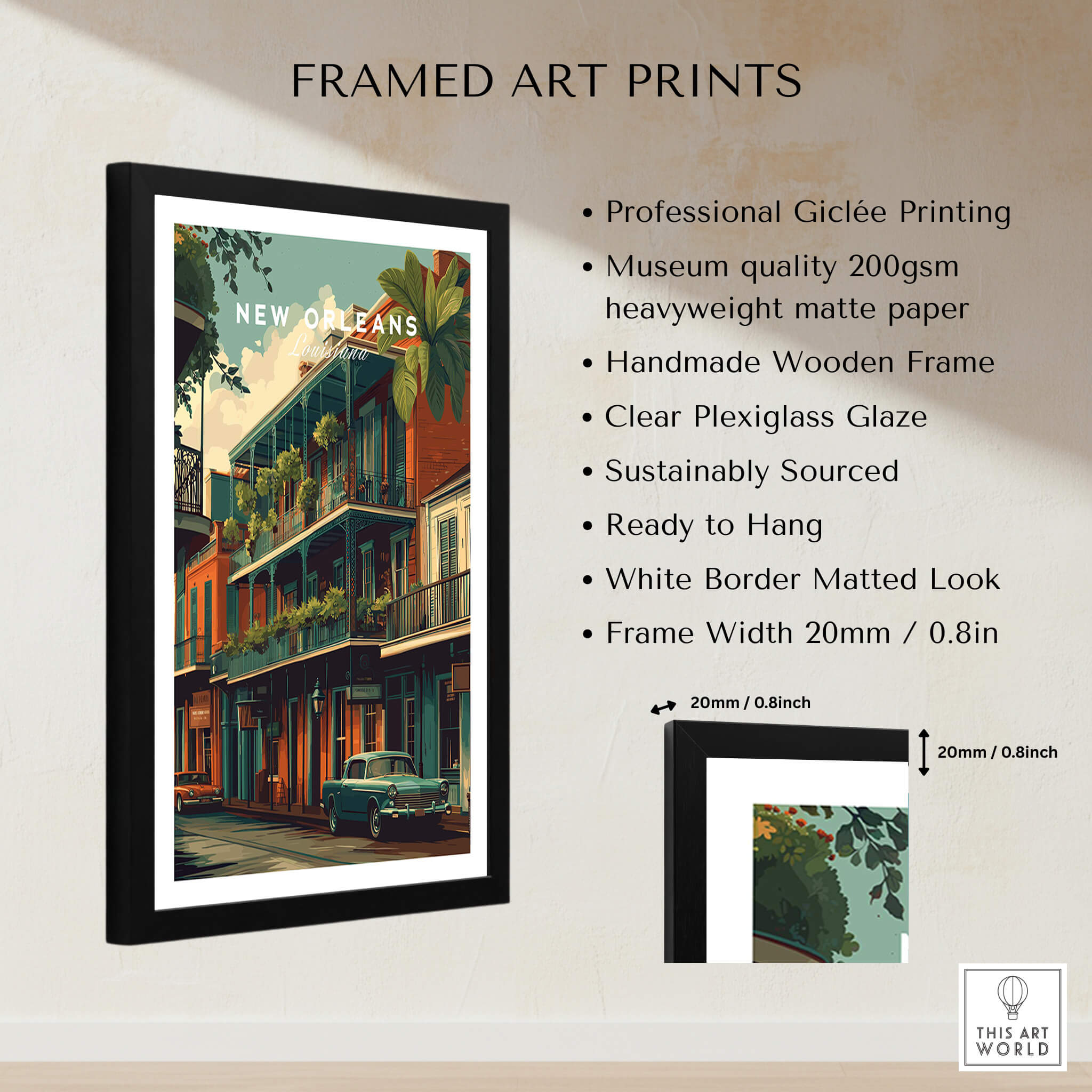New Orleans Wall Art Print | French Quarter Balcony Travel Poster in a framed design with a vintage aesthetic.