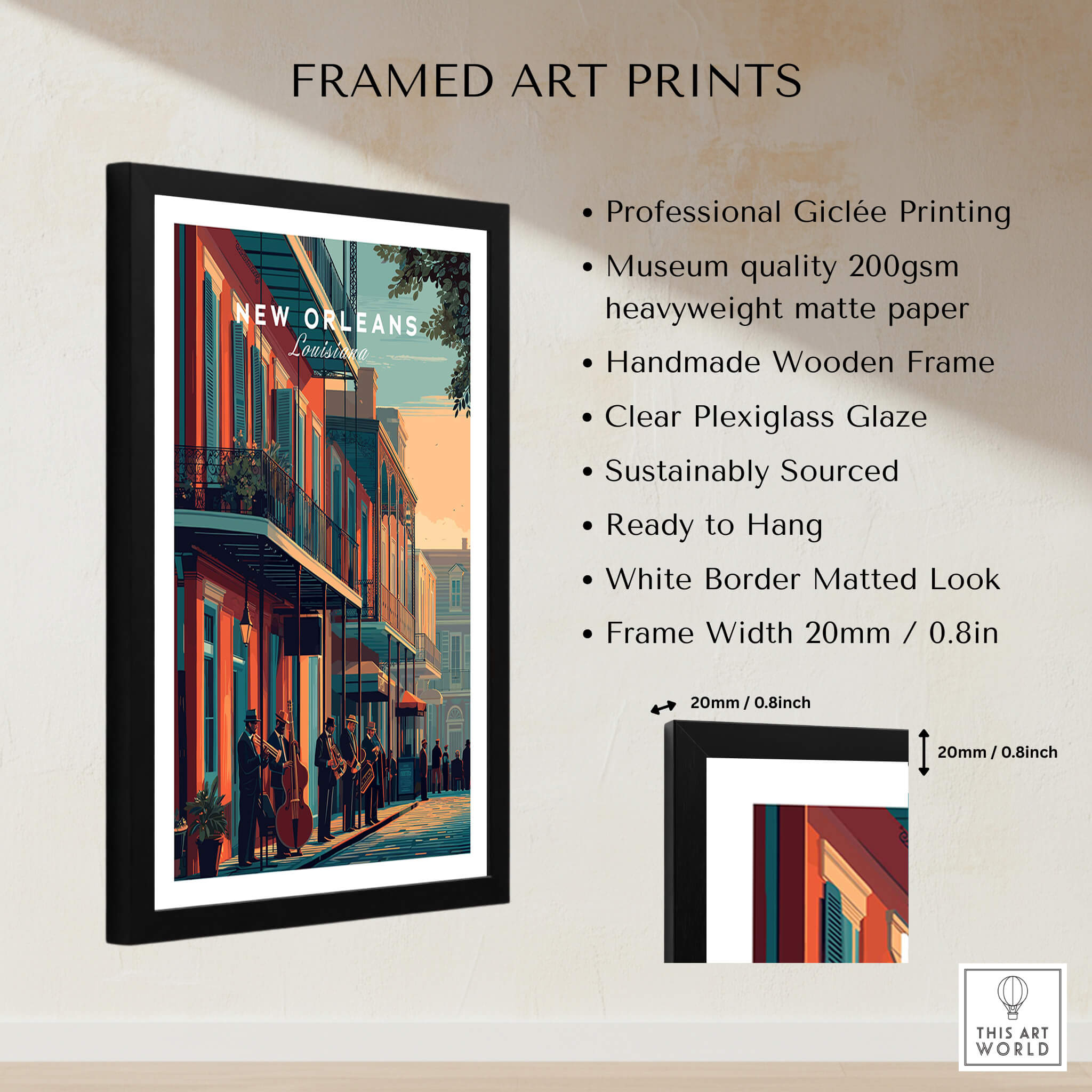 New Orleans Poster | Jazz Band Street Scene Wall Art Print featuring vibrant street scene and handmade frame.