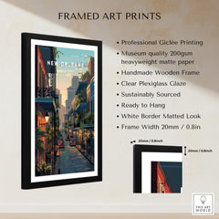 New Orleans Wall Art Print | Historic French Quarter Travel Poster displayed in a framed art print with clear plexiglass.