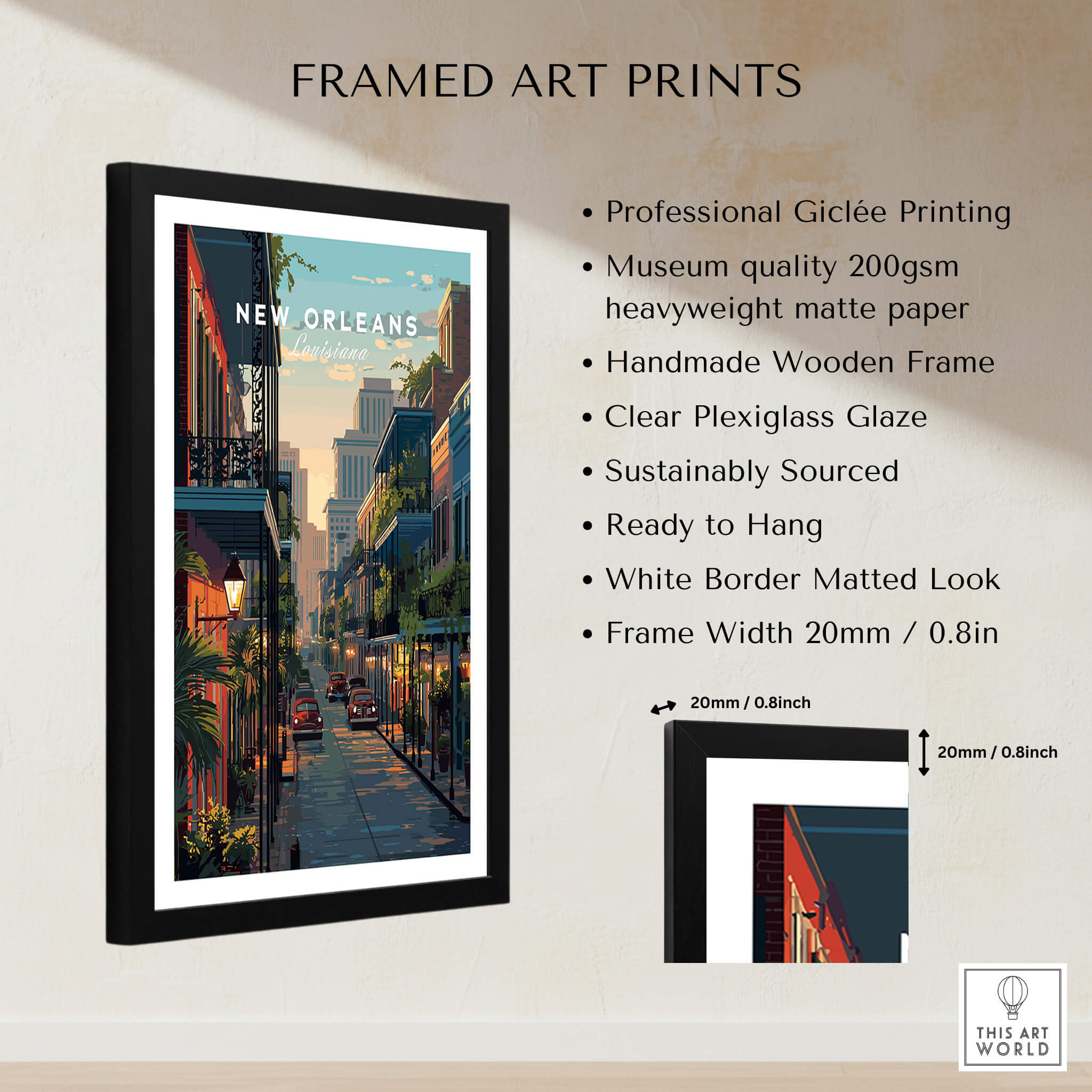 New Orleans Wall Art Print | Historic French Quarter Travel Poster displayed in a framed art print with clear plexiglass.