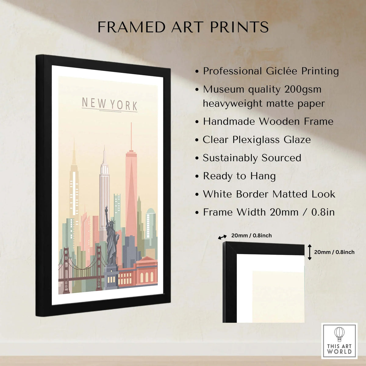 New York City Skyline Print | Wall Art featuring professional giclée printing and a handmade wooden frame