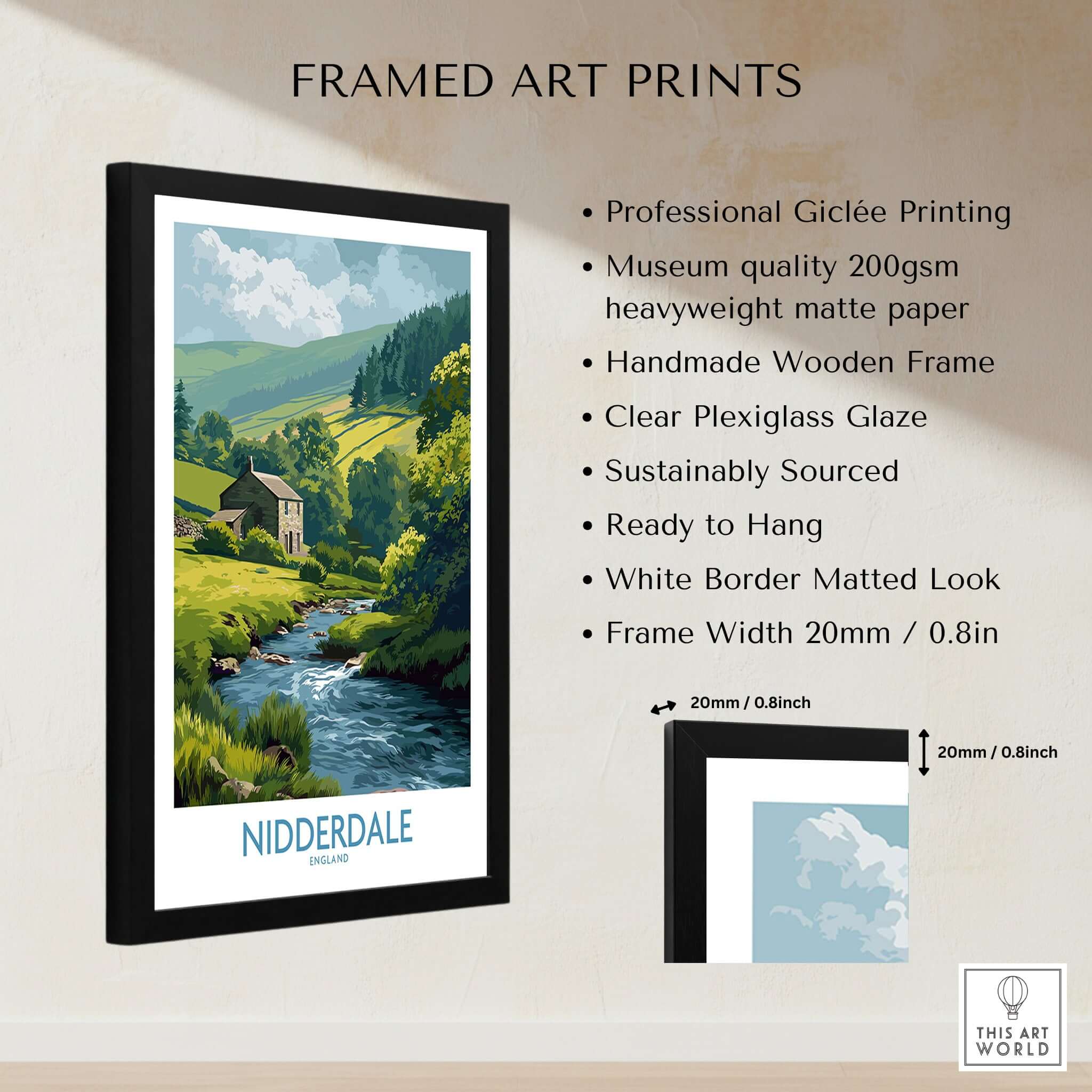 Nidderdale England Riverside Cottage Art Print | Yorkshire Valley Poster displayed in a professional wooden frame.