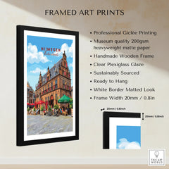 Framed Nijmegen Netherlands travel poster art print with giclée printing and wooden frame details