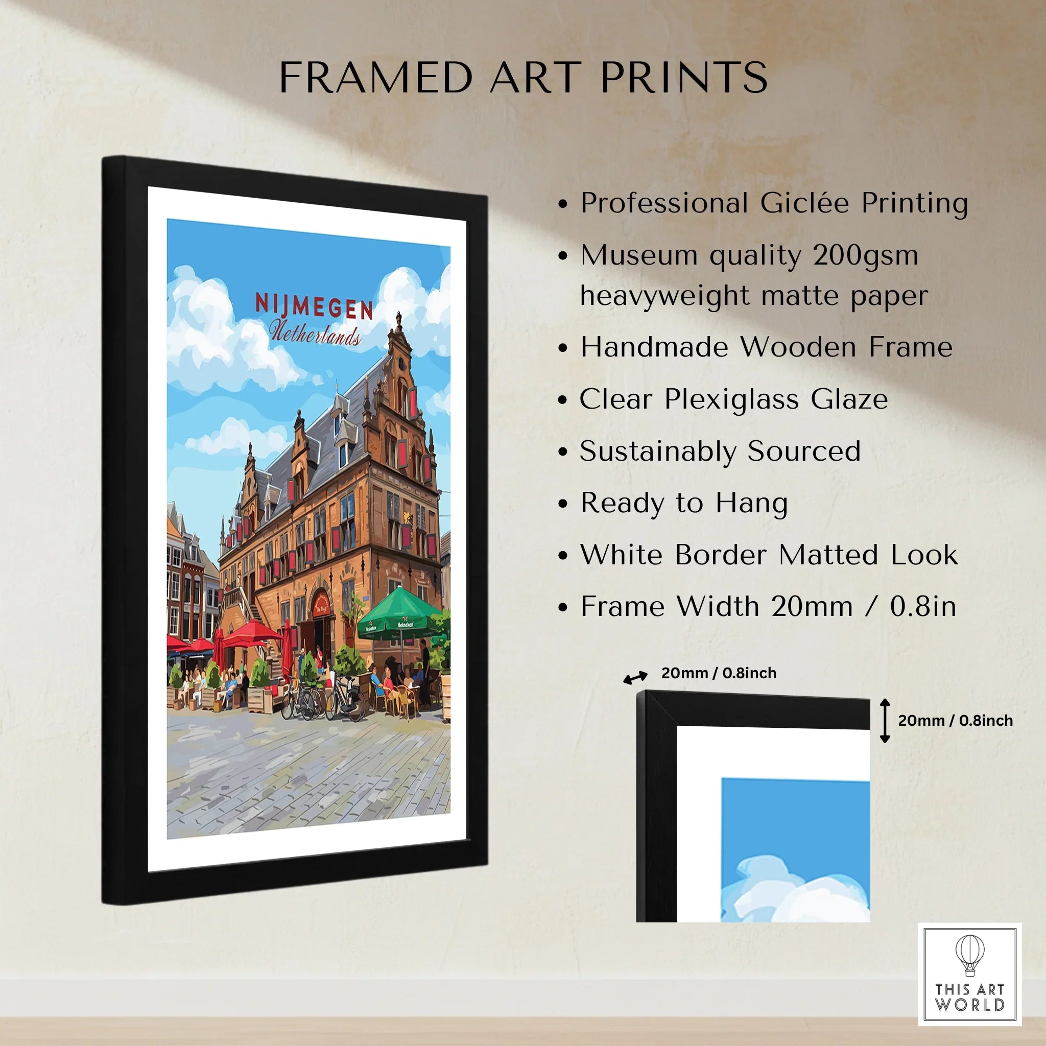 Framed Nijmegen Netherlands travel poster art print with giclée printing and wooden frame details