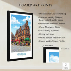 Framed Nijmegen Netherlands travel poster print with measurements and quality details