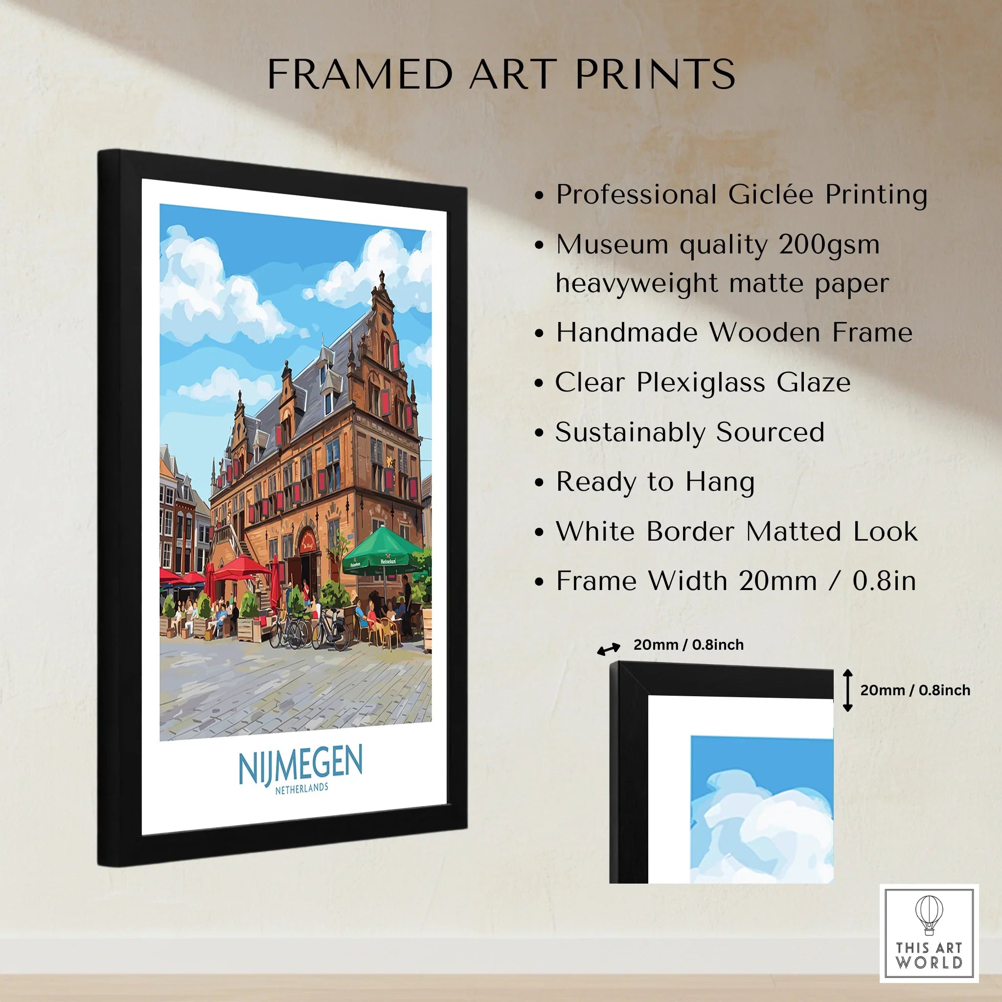Framed Nijmegen Netherlands travel poster print with measurements and quality details
