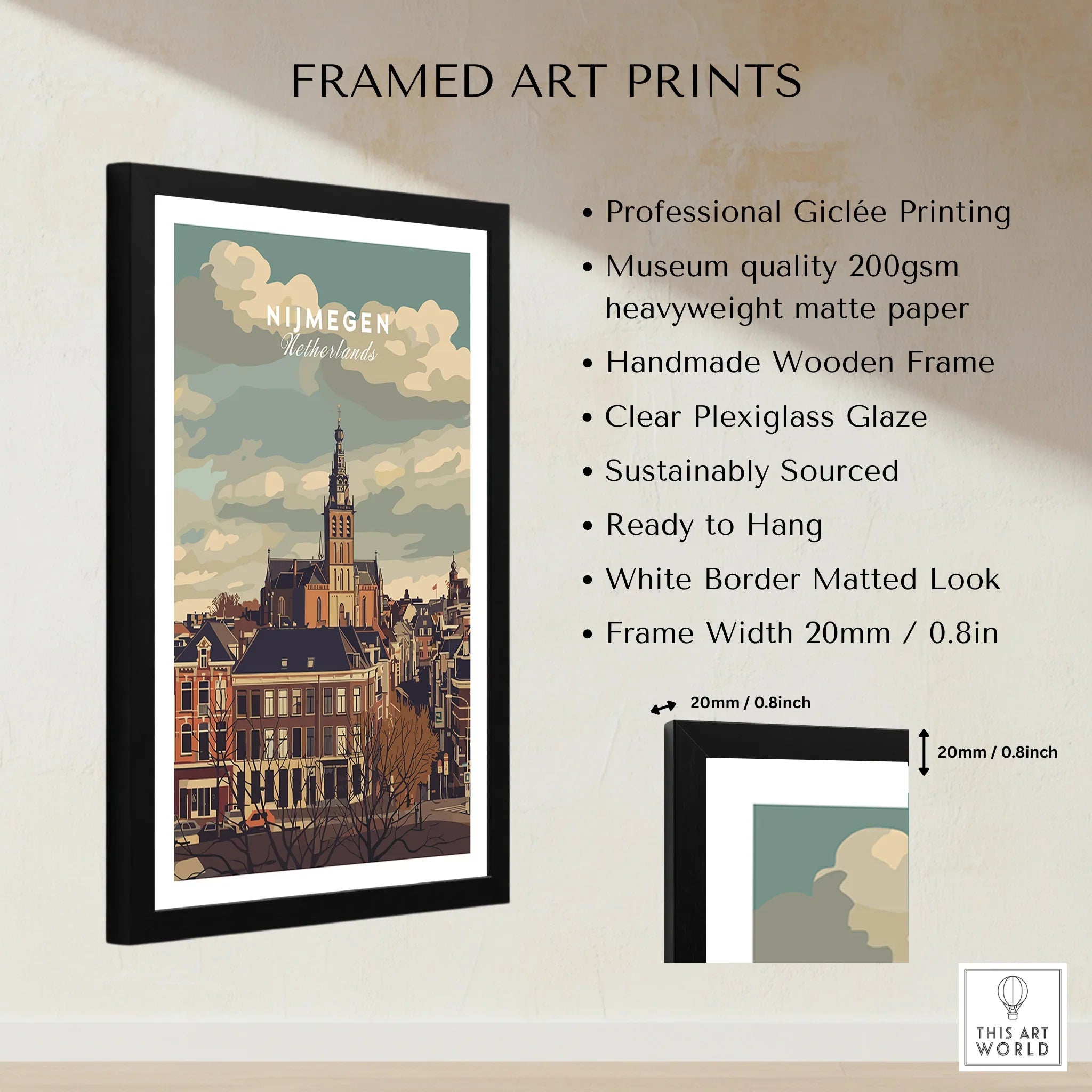 Framed Nijmegen Netherlands skyline print with art print details and frame measurements.