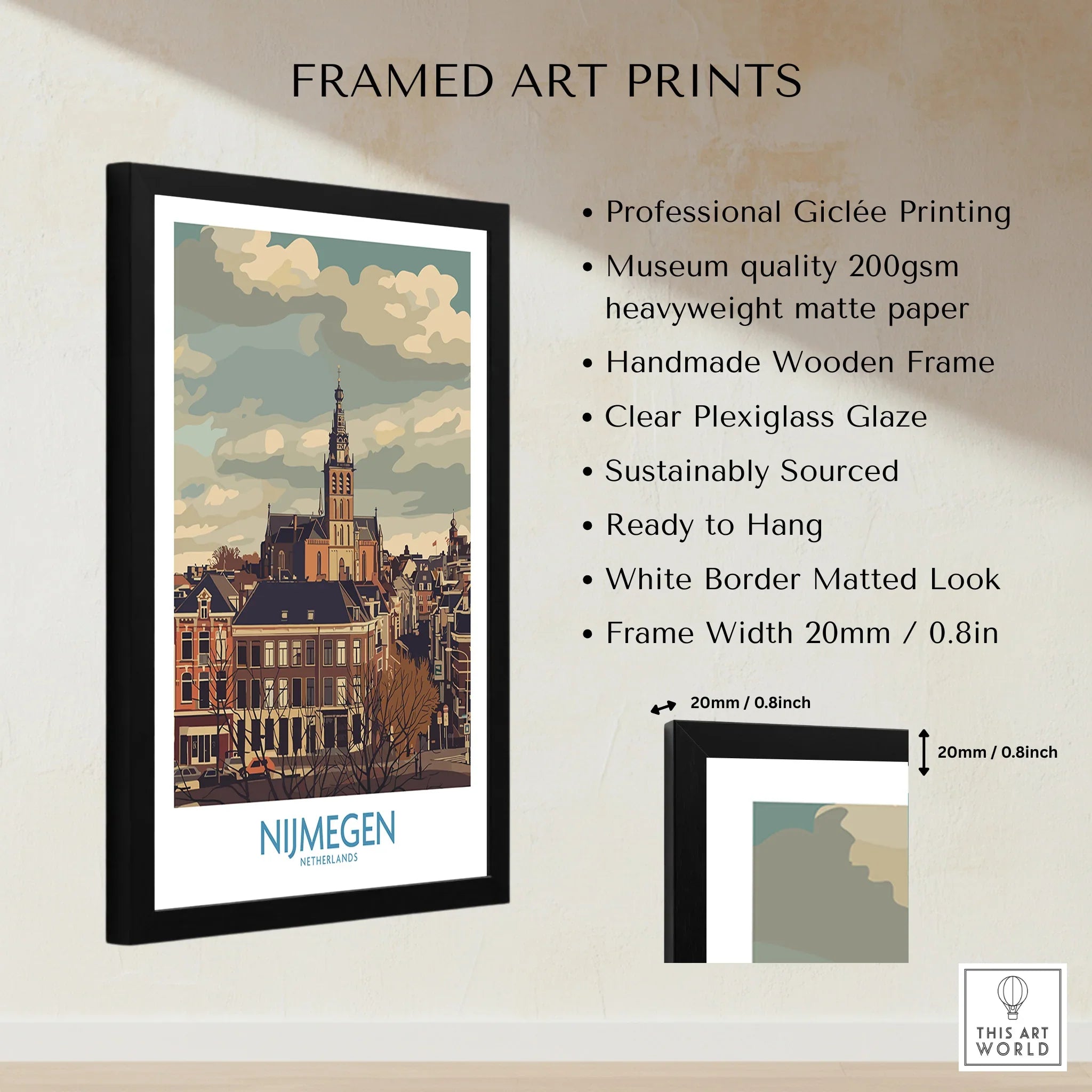 Nijmegen Netherlands framed city wall art print with black wooden frame and product details