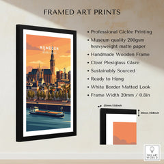 Framed Nijmegen Netherlands skyline travel poster on wall with frame and print details listed.