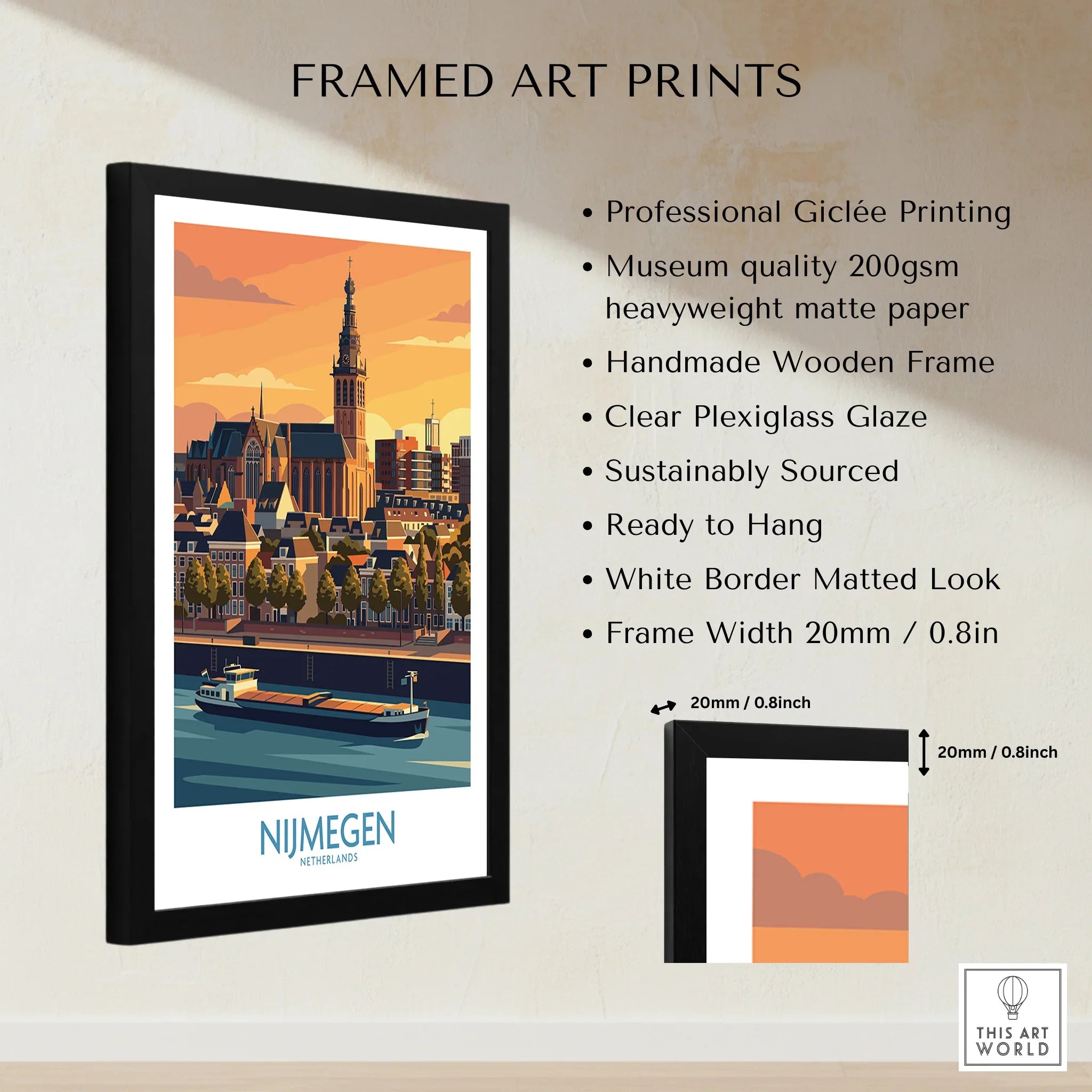 Framed Nijmegen skyline wall art print with river view, black wood frame, and product details.