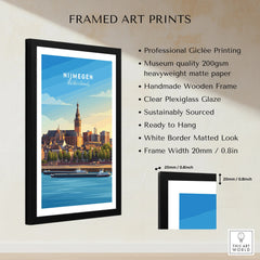 Framed Nijmegen Netherlands travel poster with city skyline, wooden frame, museum-quality paper