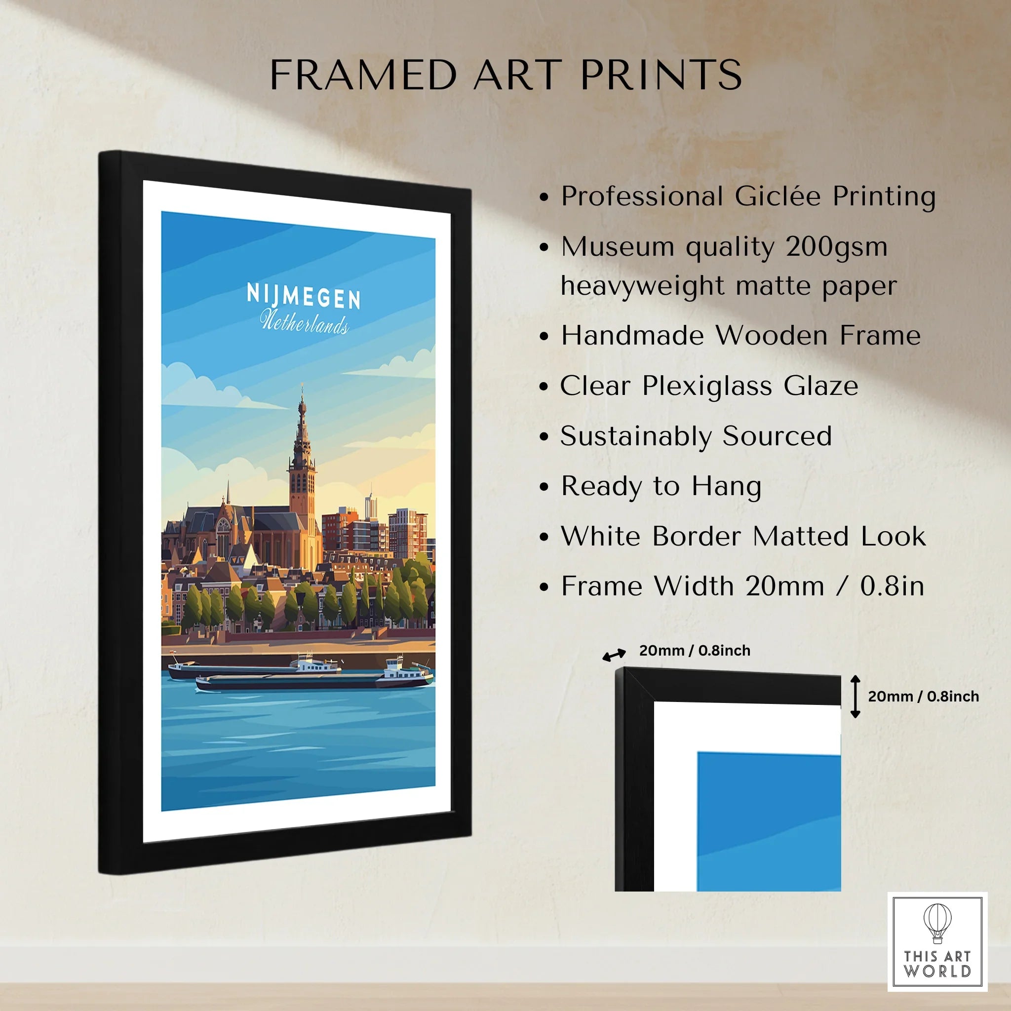 Framed Nijmegen Netherlands travel poster with city skyline, wooden frame, museum-quality paper