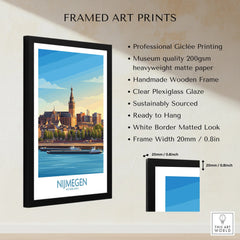 Framed Nijmegen Netherlands skyline art print with black wooden frame, size and quality details