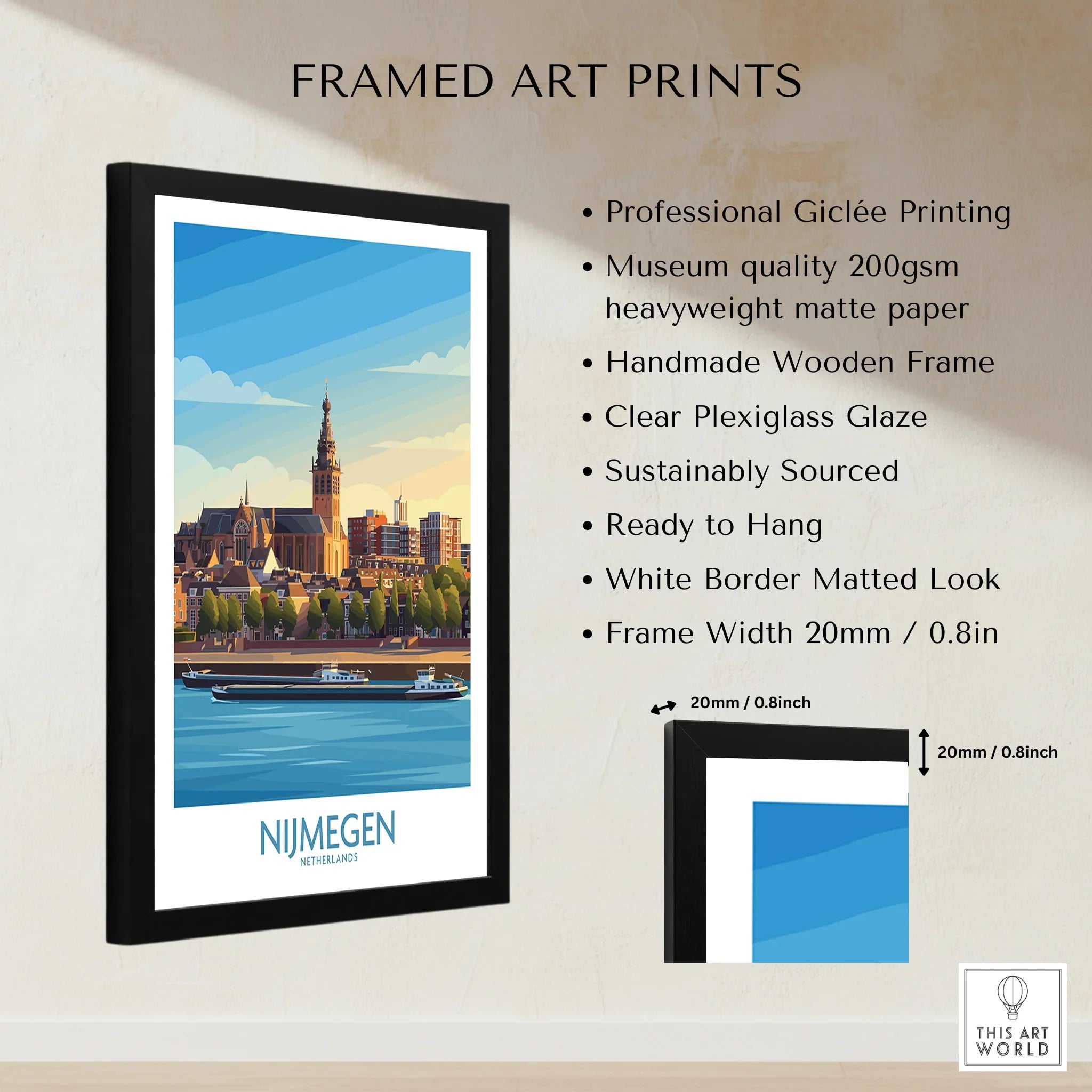 Framed Nijmegen Netherlands skyline art print with black wooden frame, size and quality details