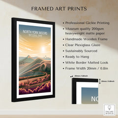 Framed North York Moors National Park travel print with mountains, sunset, and product details.