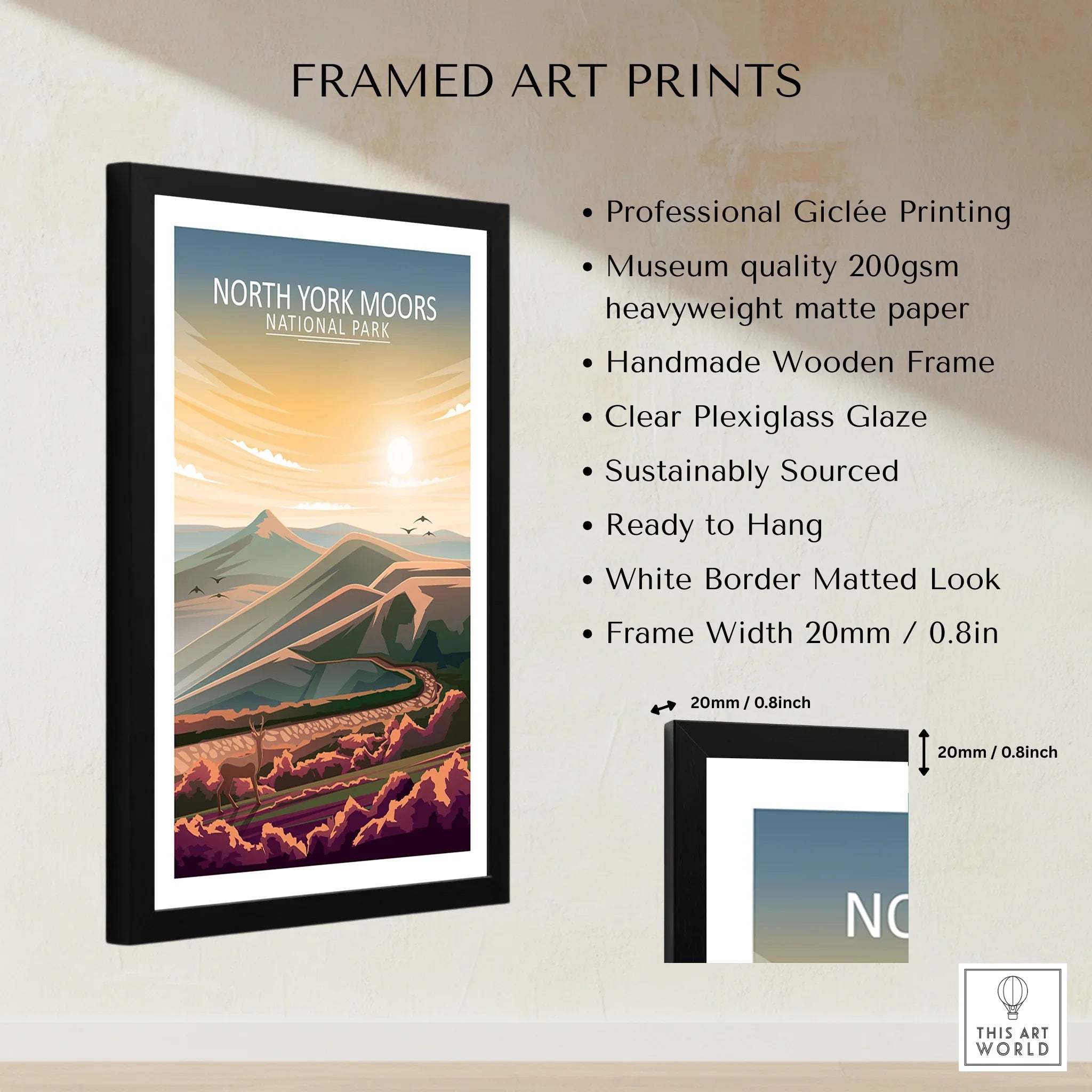 Framed North York Moors National Park travel print with mountains, sunset, and product details.