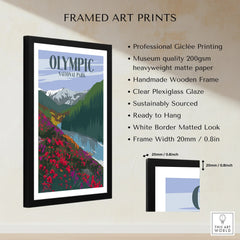 Framed Olympic National Park art print with floral landscape, black frame, and print details.