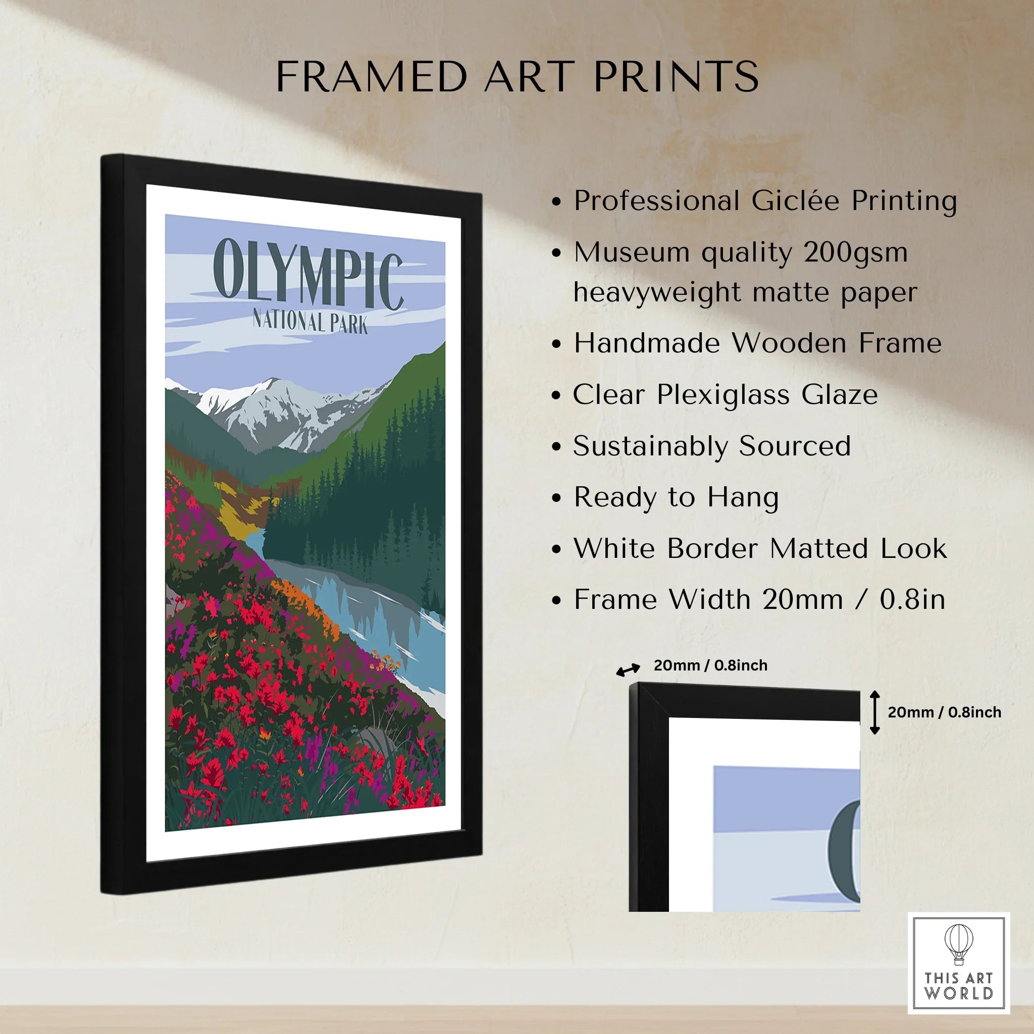 Framed Olympic National Park art print with floral landscape, black frame, and print details.