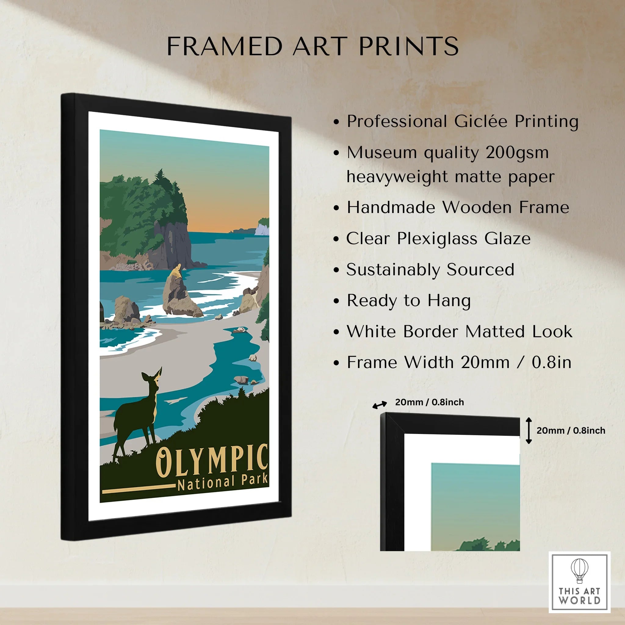 Framed Olympic National Park print with deer and coastal landscape, art print features and measurements shown.