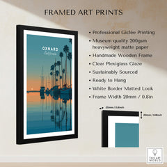 Oxnard California Wall Art Print | Sunset Harbor & Sailboats Travel Poster framed with a wooden frame and clear plexiglass.