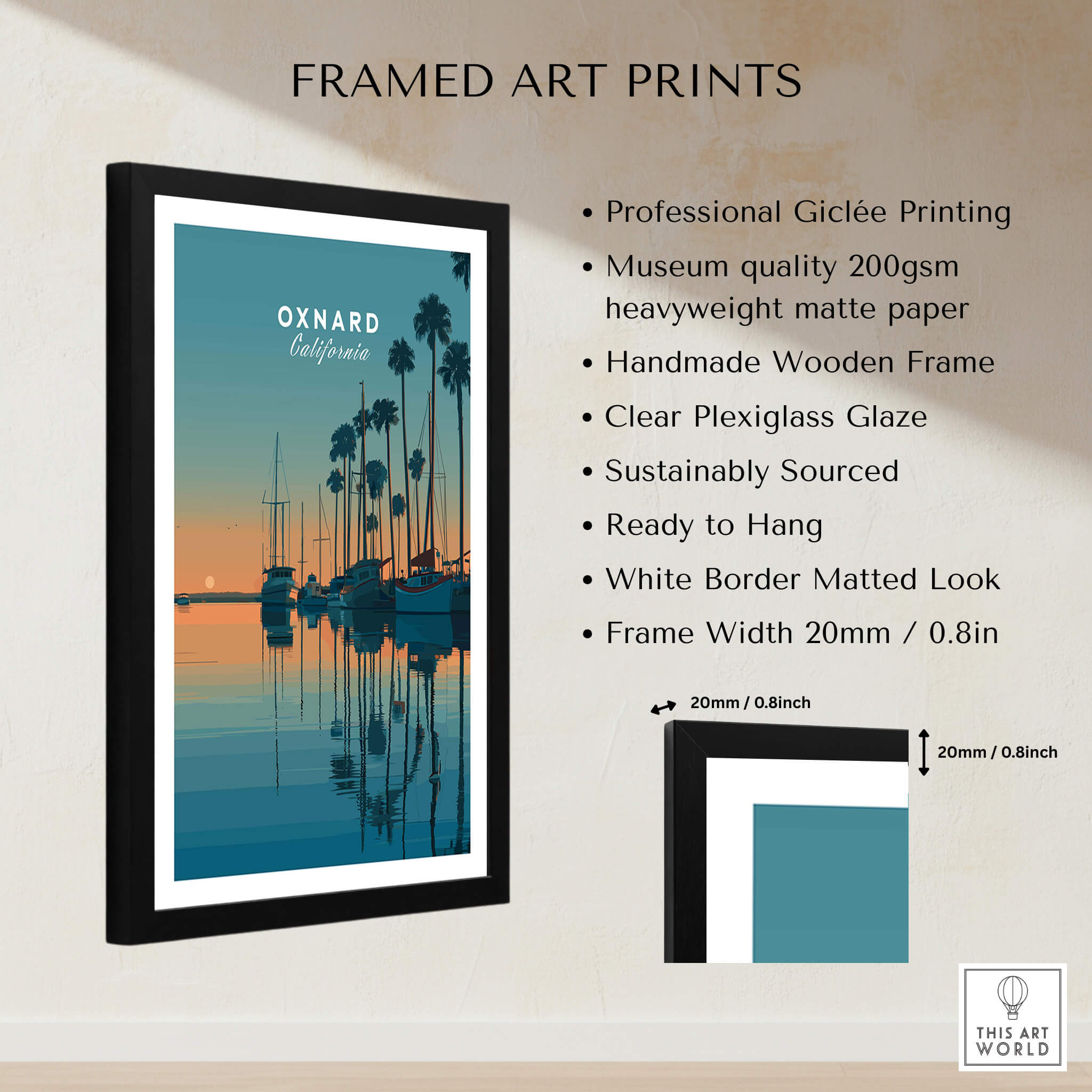 Oxnard California Wall Art Print | Sunset Harbor & Sailboats Travel Poster framed with a wooden frame and clear plexiglass.