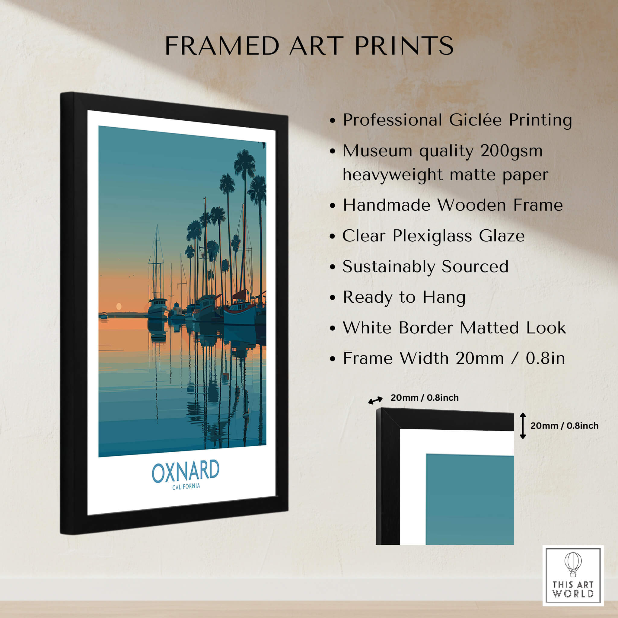 Oxnard California Poster | Scenic Pacific Marina Canvas Print featuring framed art print details and design.
