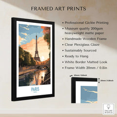 Paris Art Print framed artwork featuring Eiffel Tower and sunset, museum-quality giclée printed.