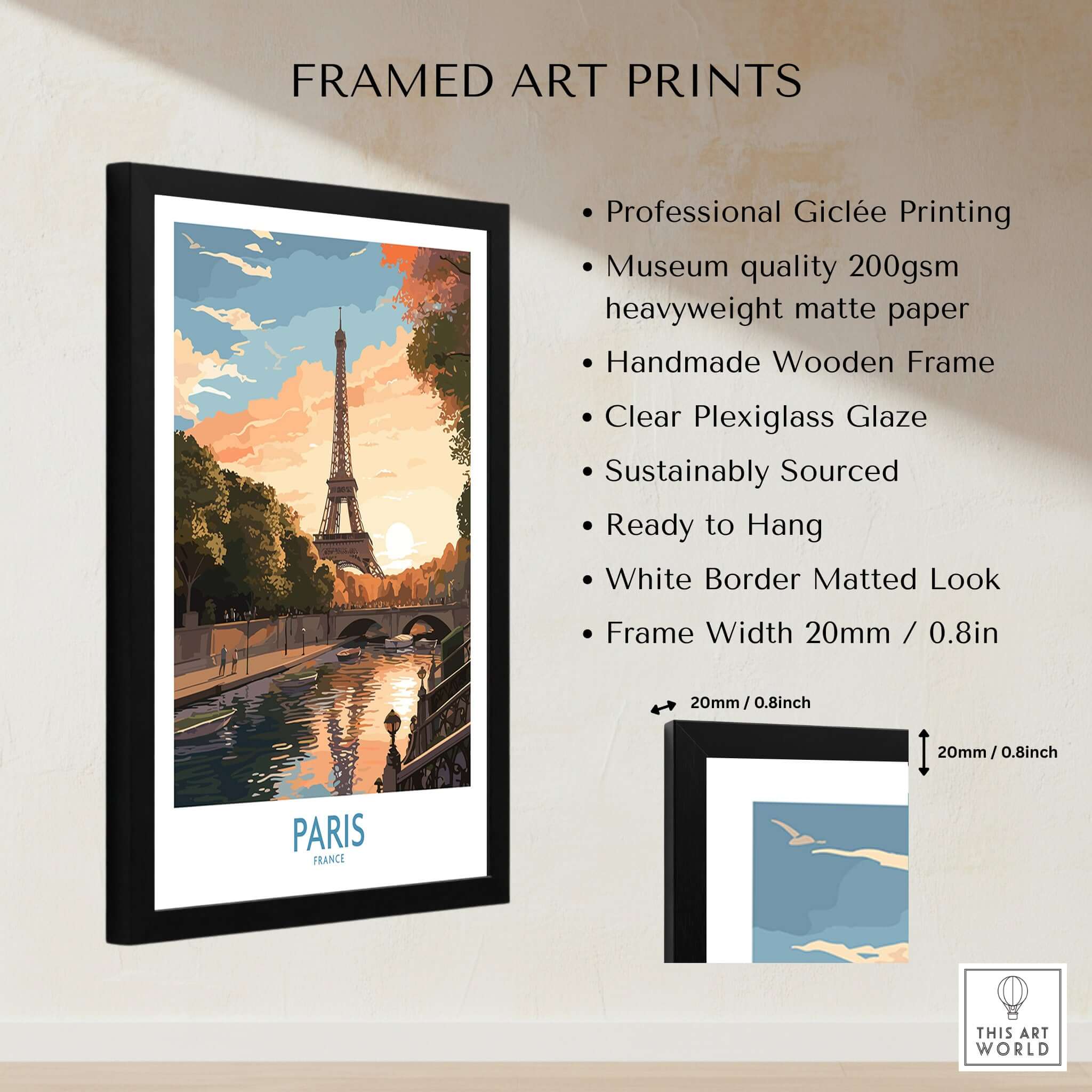 Paris Art Print framed artwork featuring Eiffel Tower and sunset, museum-quality giclée printed.