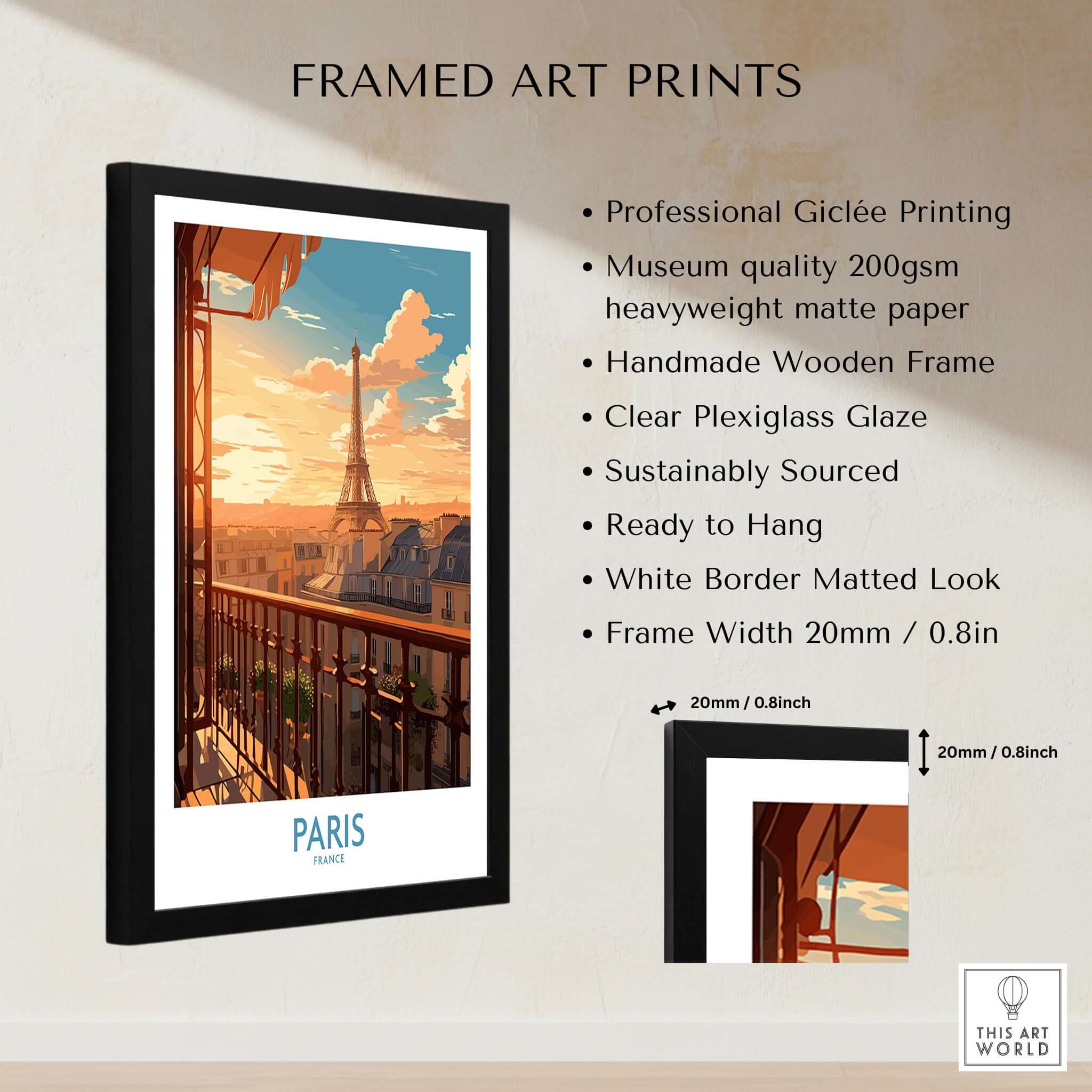 Paris Wall Art | Modern Style framed print featuring the Eiffel Tower at sunset with a sleek black wooden frame.