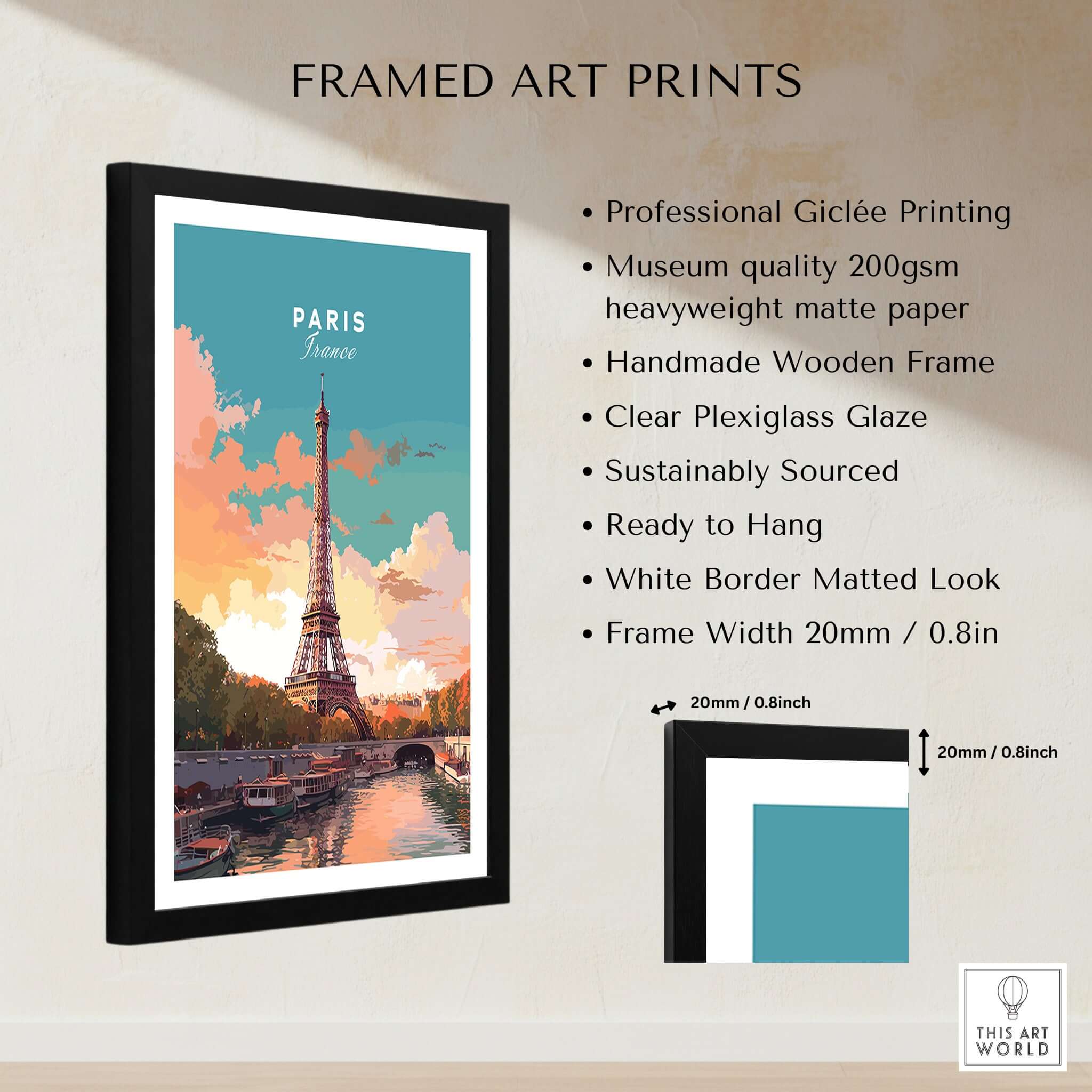 Paris Poster - Eiffel Tower framed art print with museum quality materials and vibrant colors.