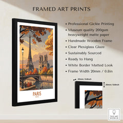 Paris France Autumn Seine River Art Print | Eiffel Tower and Notre Dame Poster in a framed art print display.