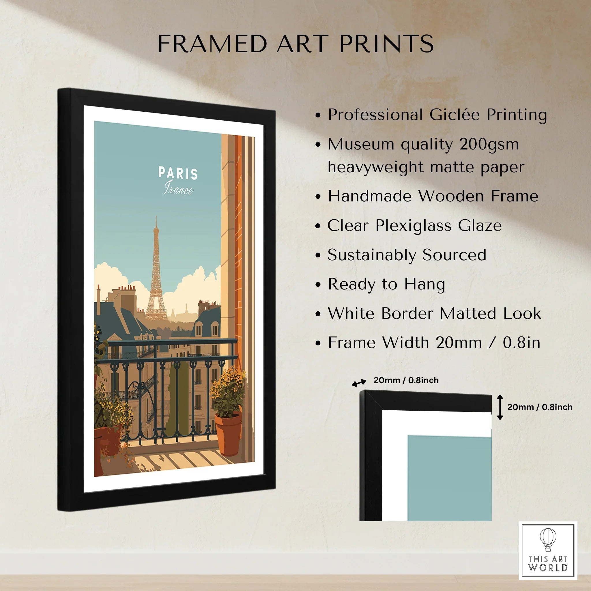 Framed Paris wall art print with Eiffel Tower, modern black frame, product details listed