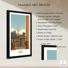 Framed Paris travel poster print with Eiffel Tower, black wooden frame, quality details listed.