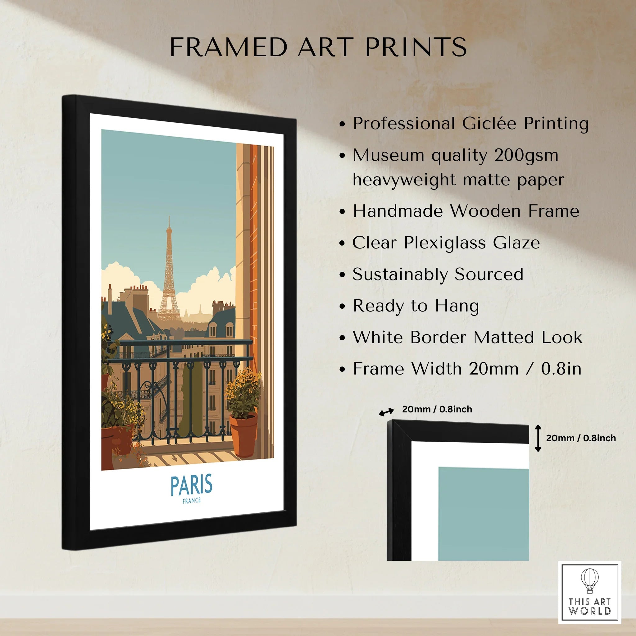 Framed Paris travel poster print with Eiffel Tower, black wooden frame, quality details listed.