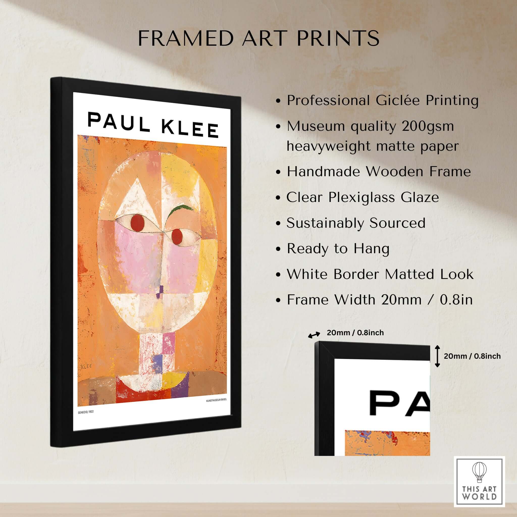 Paul Klee Senecio Head of Man Abstract Portrait Poster Art Print in a stylish black frame, showcasing giclée printing quality.