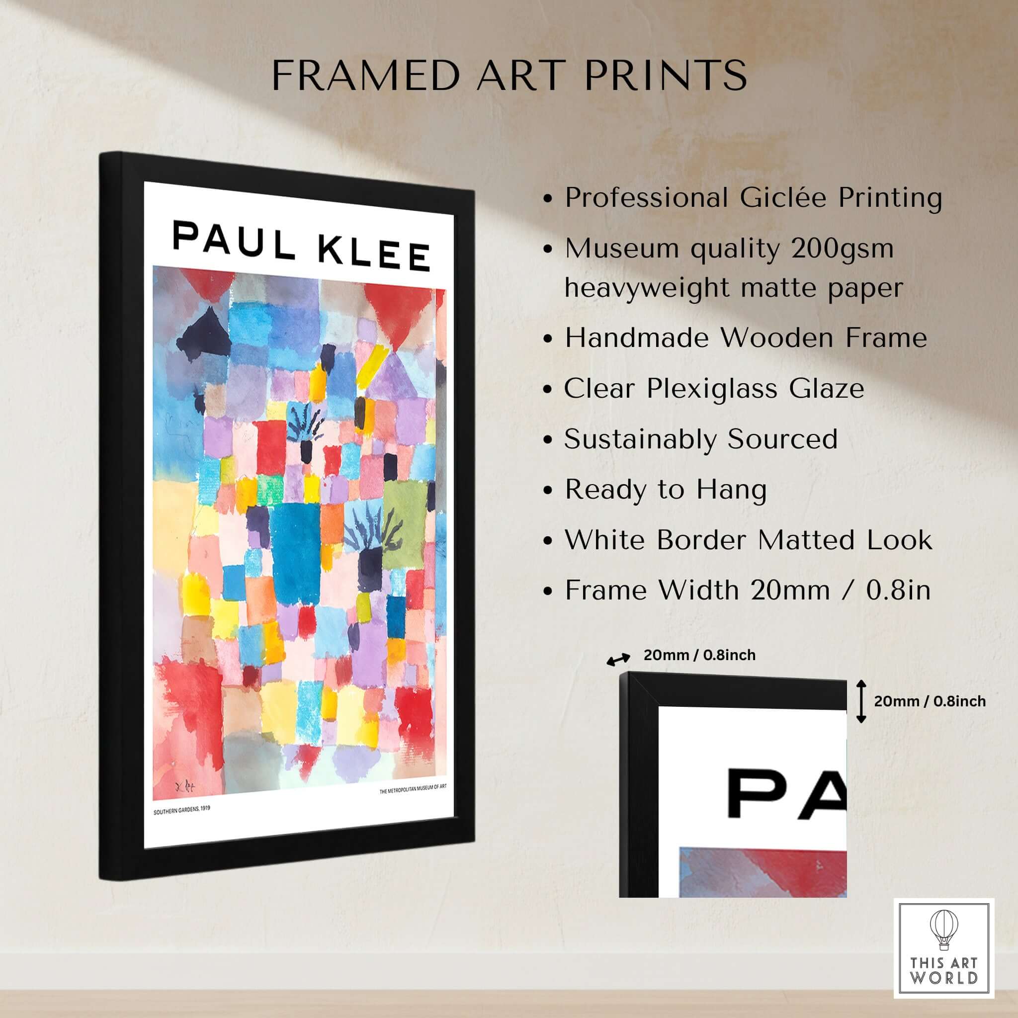Paul Klee Southern Gardens Abstract Landscape Colorful Poster Art Print featured in a handmade wooden frame with clear plexiglass.