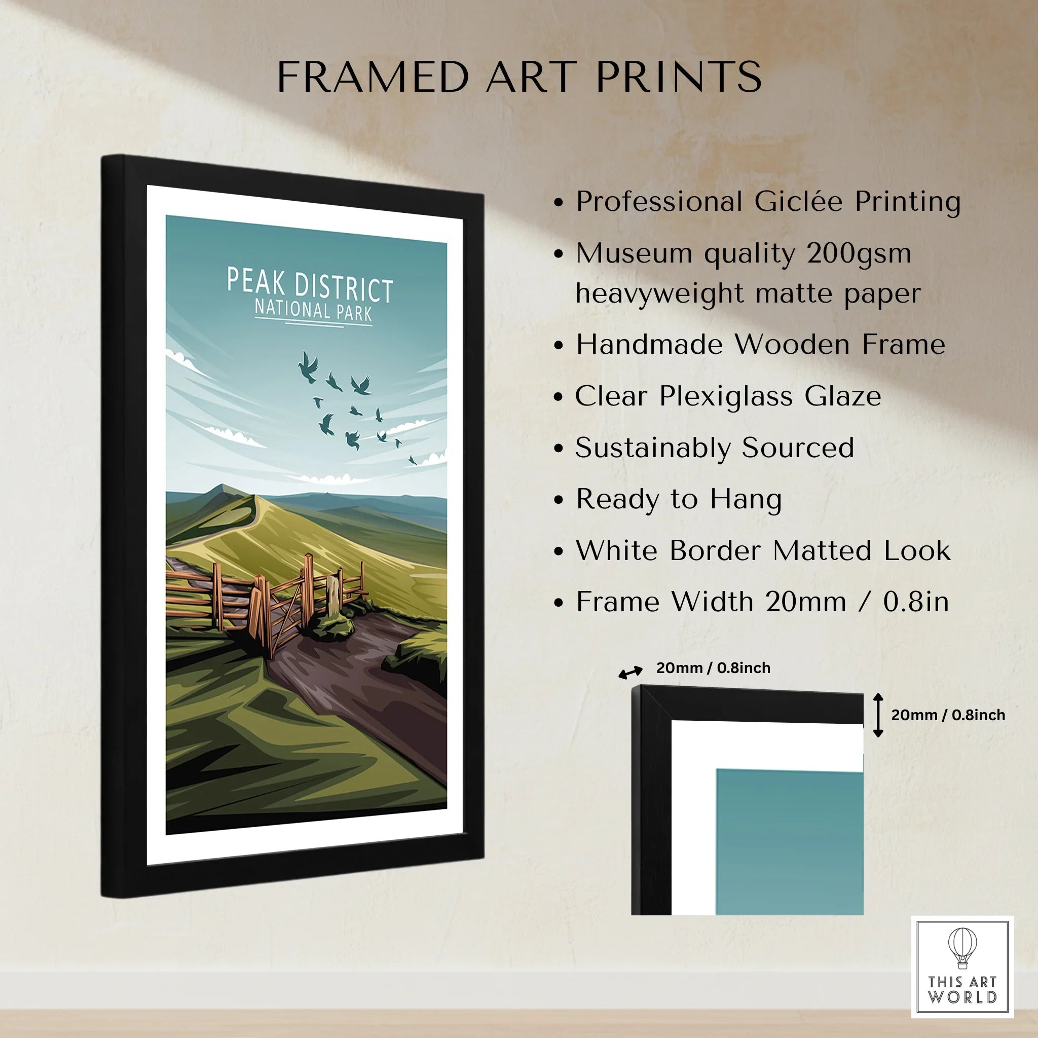 Framed Peak District National Park art print with wooden frame and matted white border