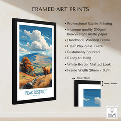 Peak District National Park Highland Cow Art Print | Derbyshire Landscape Poster framed with detailed features.