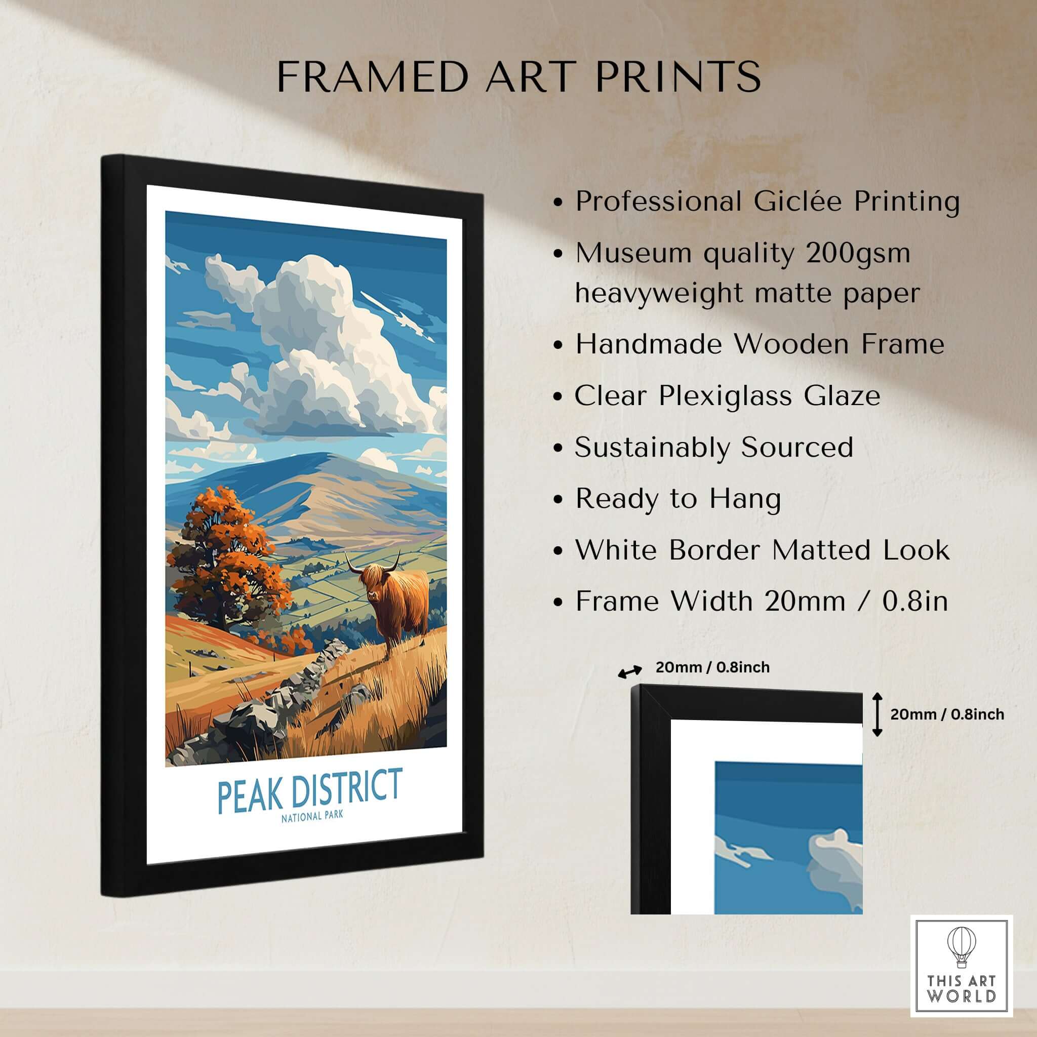 Peak District National Park Highland Cow Art Print | Derbyshire Landscape Poster framed with detailed features.