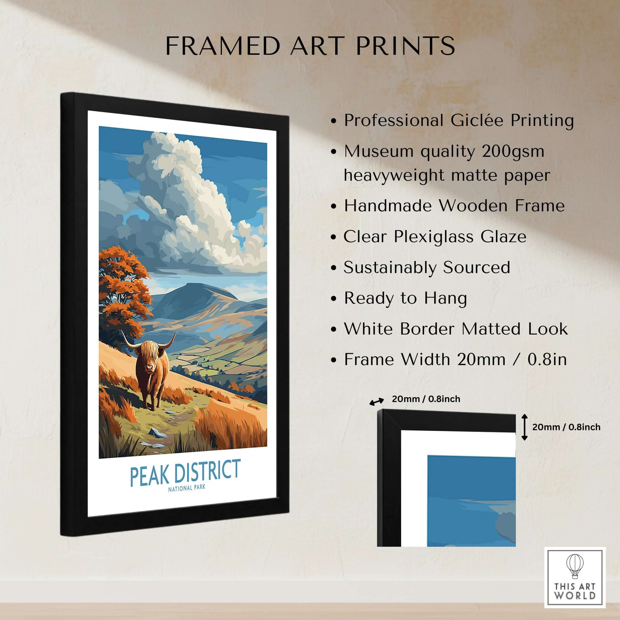 Peak District National Park Highland Cattle Art Print | Rolling Hills Poster framed with a wooden frame and plexiglass.