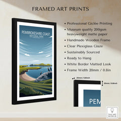Framed Pembrokeshire Coast National Park travel print with landscape illustration and product details