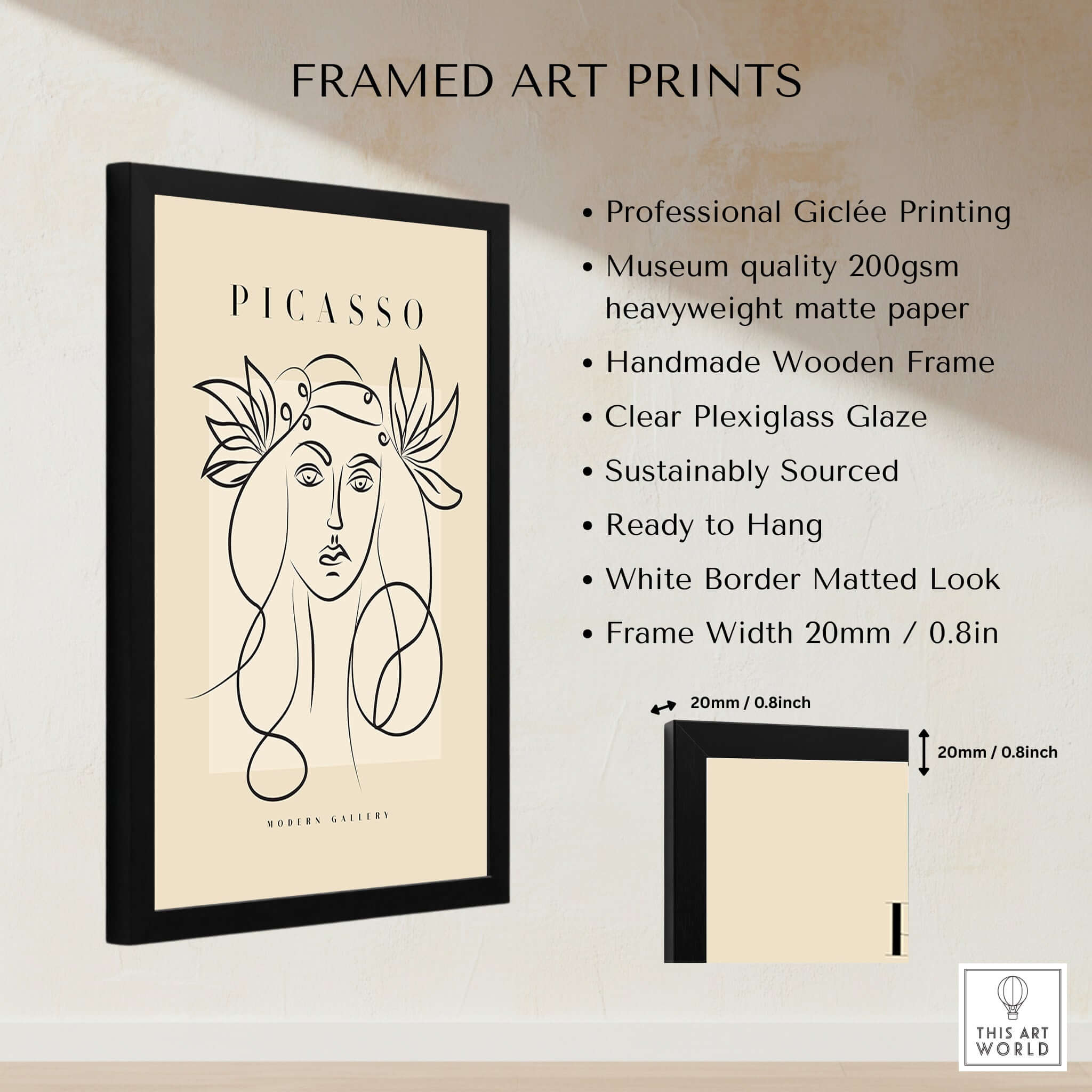 Picasso Line Art Woman Leaf Crown Modern Gallery Wall Art Poster framed with black wooden frame and plexiglass.
