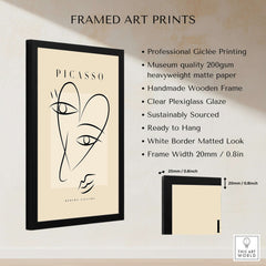 Picasso Line Art Abstract Heart Face Minimalist Modern Gallery Print Poster framed art print with details and specifications.