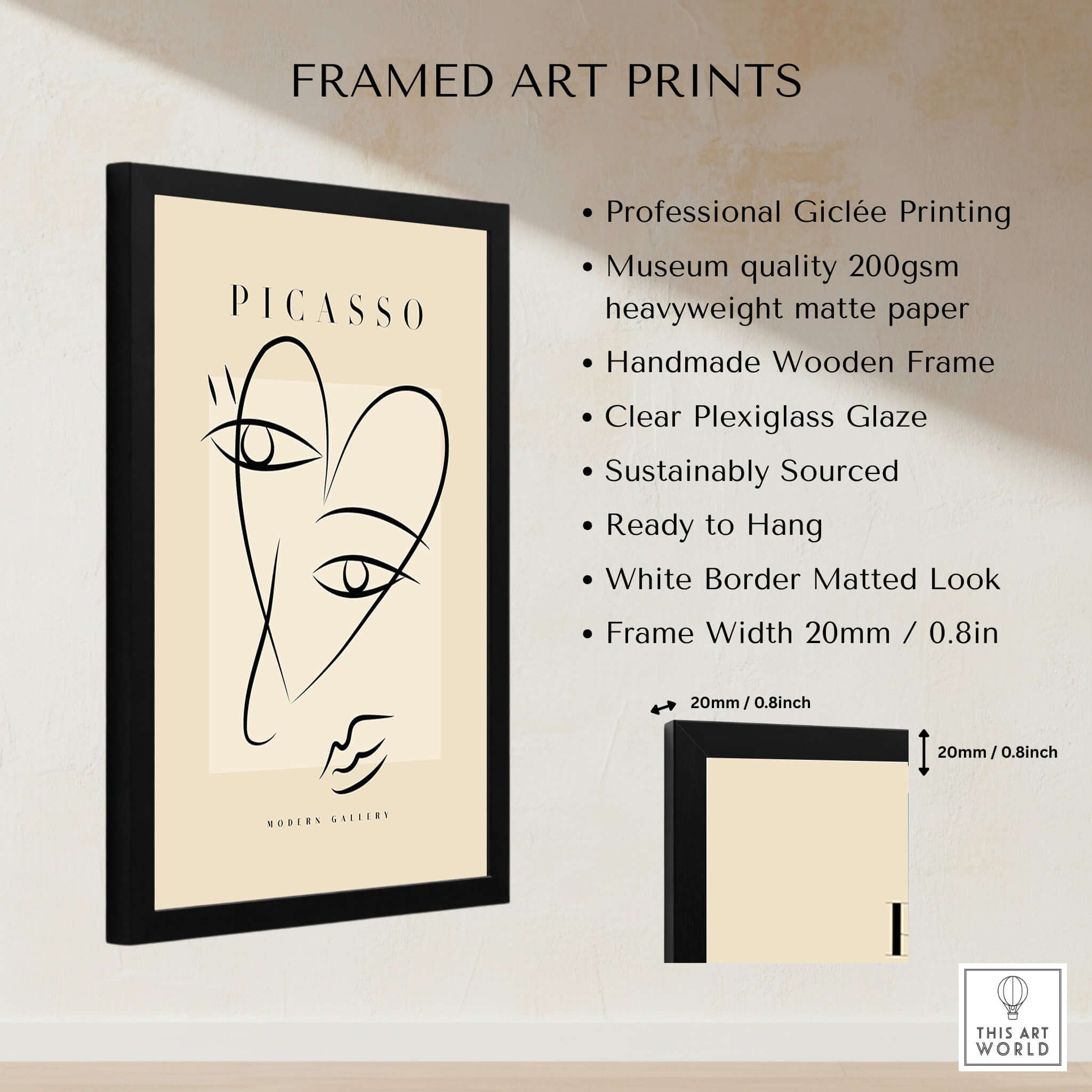 Picasso Line Art Abstract Heart Face Minimalist Modern Gallery Print Poster framed art print with details and specifications.