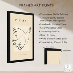 Picasso Dove of Peace Olive Branch Line Art Poster Modern Gallery Print in a framed presentation with details.
