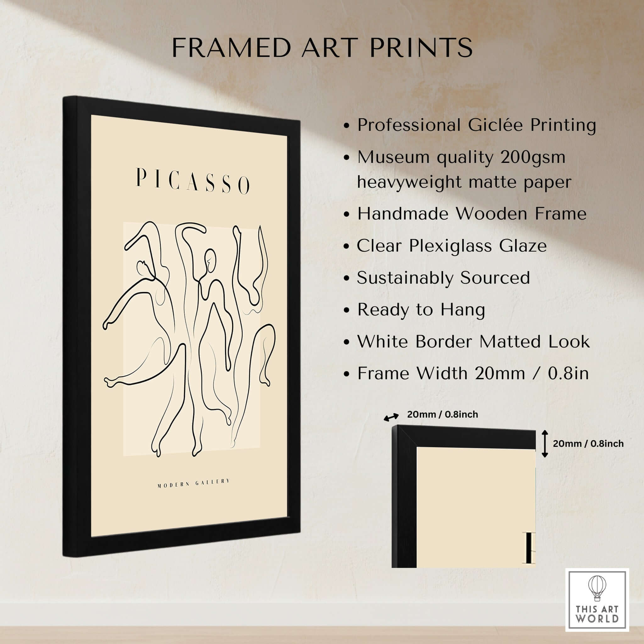 Picasso Dancing Figures Line Art Abstract Minimalist Poster Modern Gallery Print in a black frame with white border.
