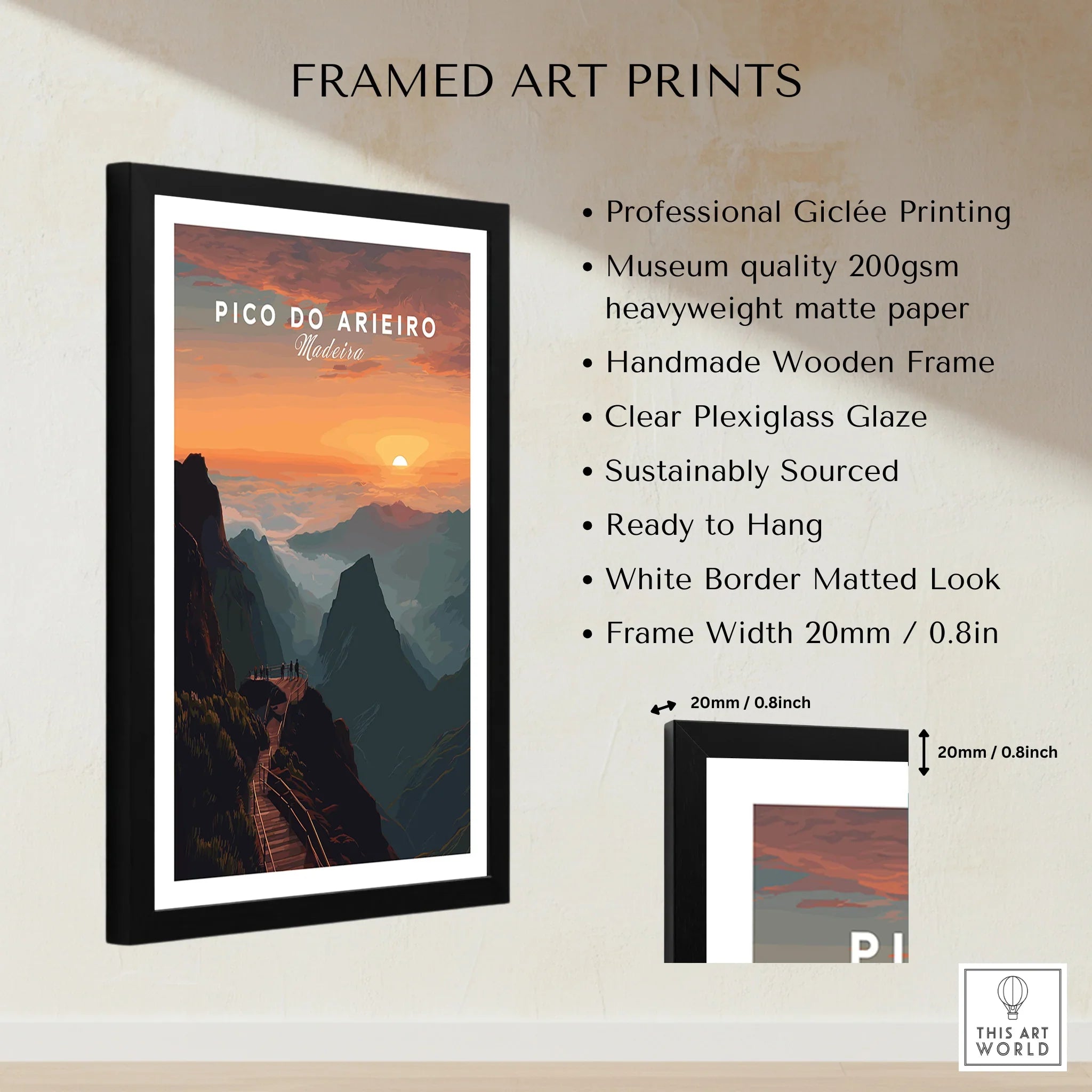 Framed Pico do Arieiro Madeira travel art print with mountain sunset and quality details